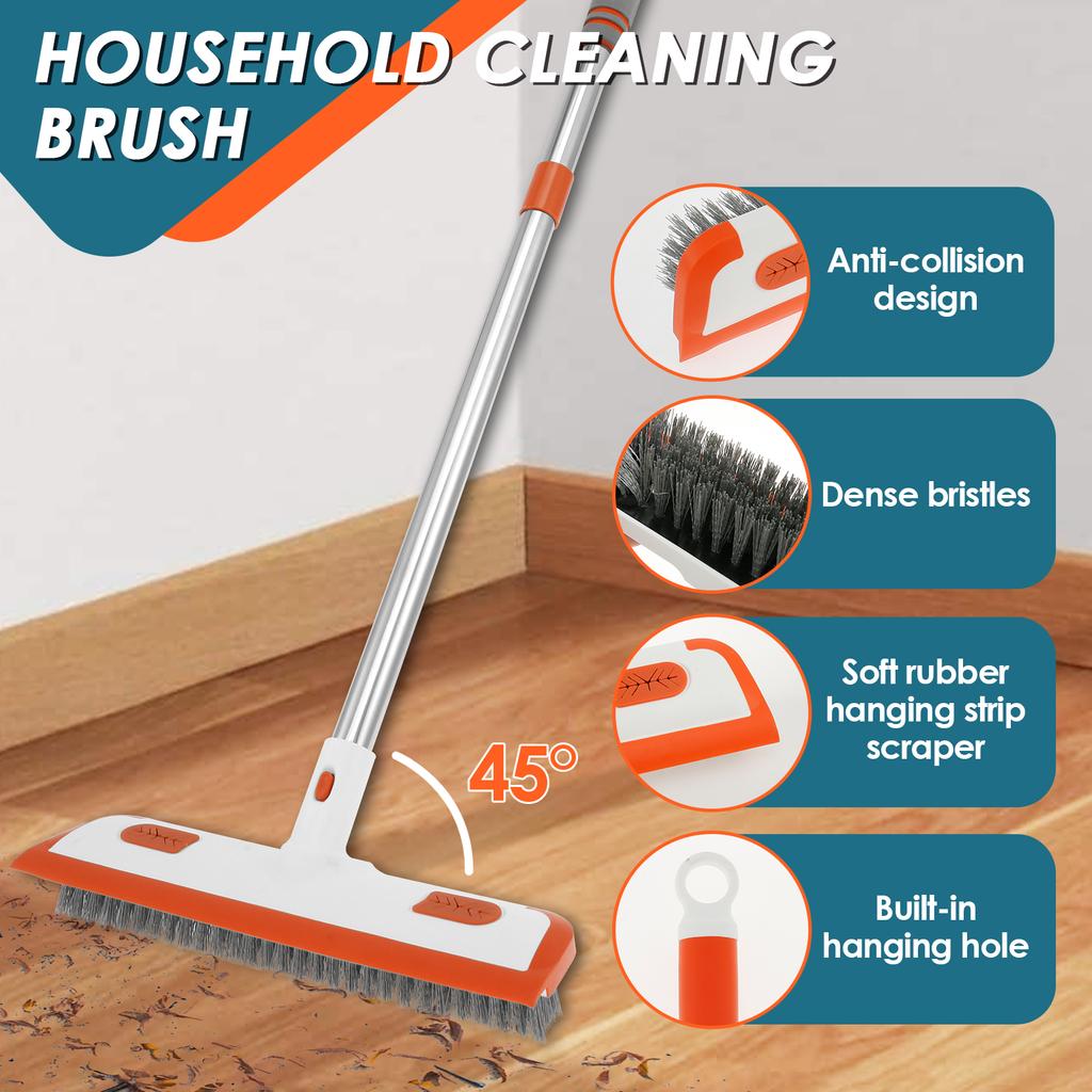 2 In 1 Floor Scrub Brush Bathroom Tile Glass Squeegee Ground Seam Wall Toilet Cleaning Brush Long Handle Kitchen Cleaning