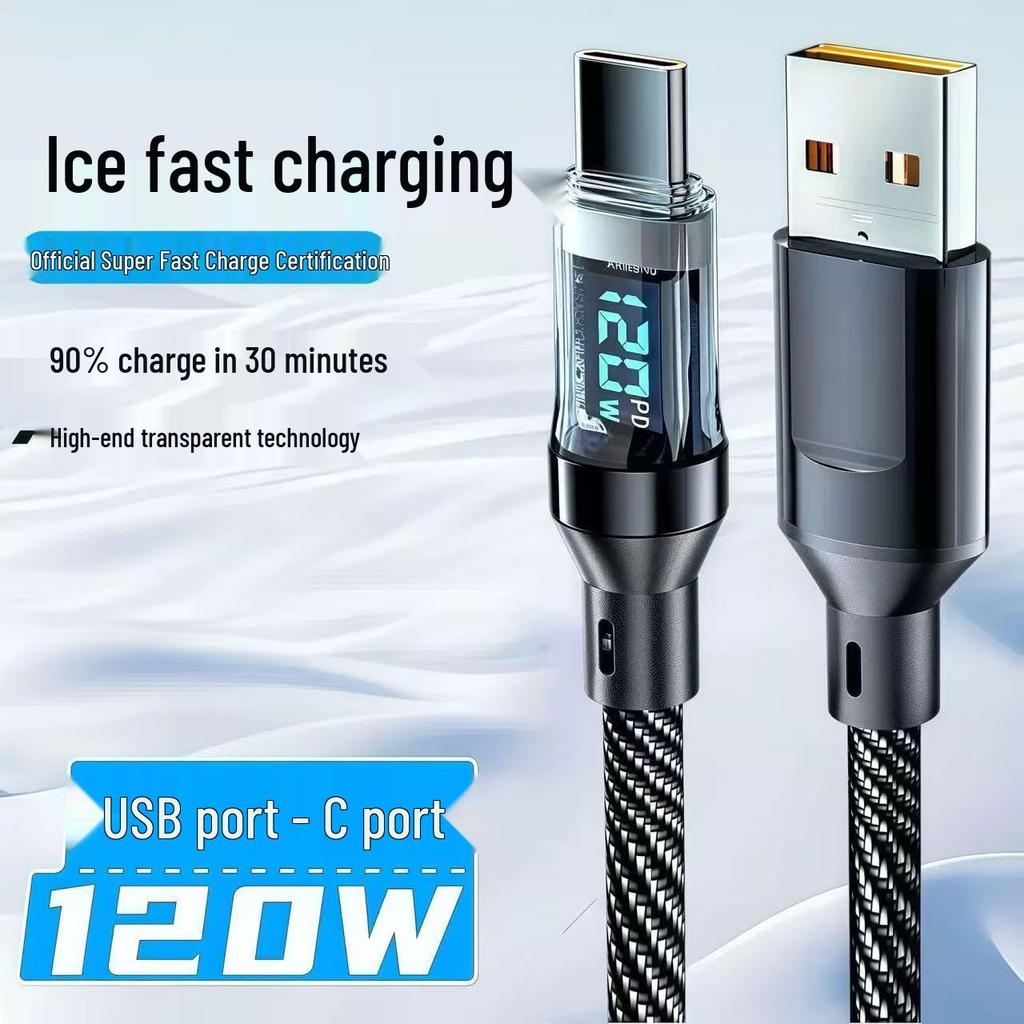120W Type-C Fast Charging Cable with Smart Display for Huawei, Honor, Android, and Apple 15/16