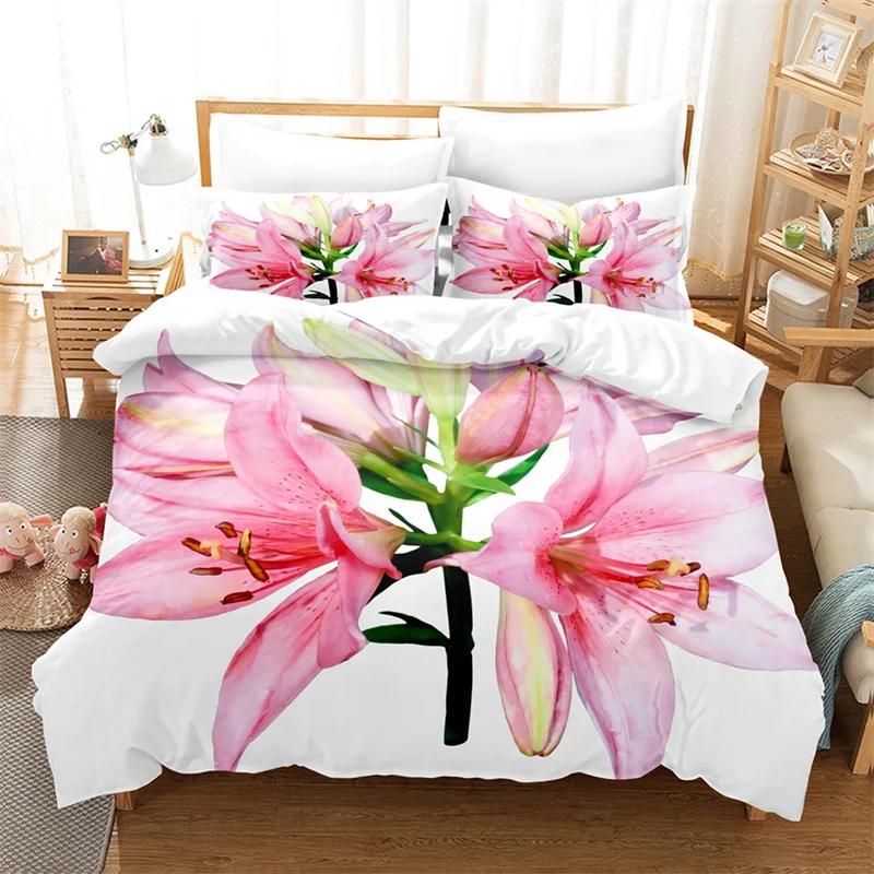 Lily Duvet Cover Set for Single Double Bed Pink Flower Quilt Cover King Size Bedding Set 2PCS 3PCS with Pillowcase Full Twin New