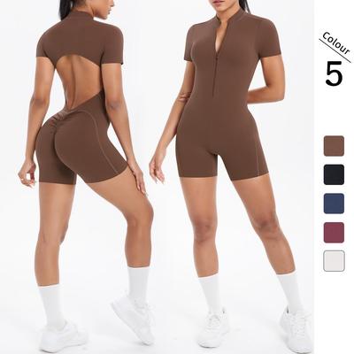 European-American Solid Color Zipper Back Yoga Jumpsuit - Breathable and Tight-Fitting