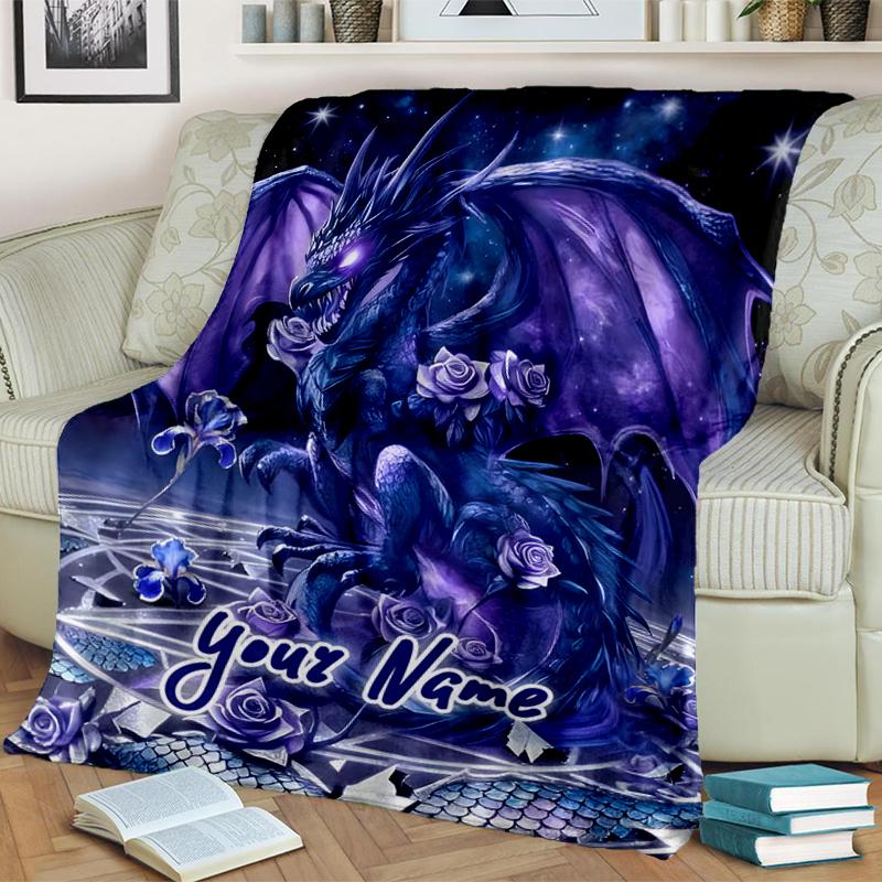 1PC Custom Name Purple Dragon Fantasy Art outdooor Flannel blankets Throw Blanket All-Season Throw Gift Bedspread for Couch, Bed, Camping Holiday Birt