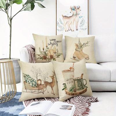 2D Pillowcases Throw Pillow Santa Claus Snowman Reindeer Pattern Polyester Material with Zipper Machine Washable for Home Decor