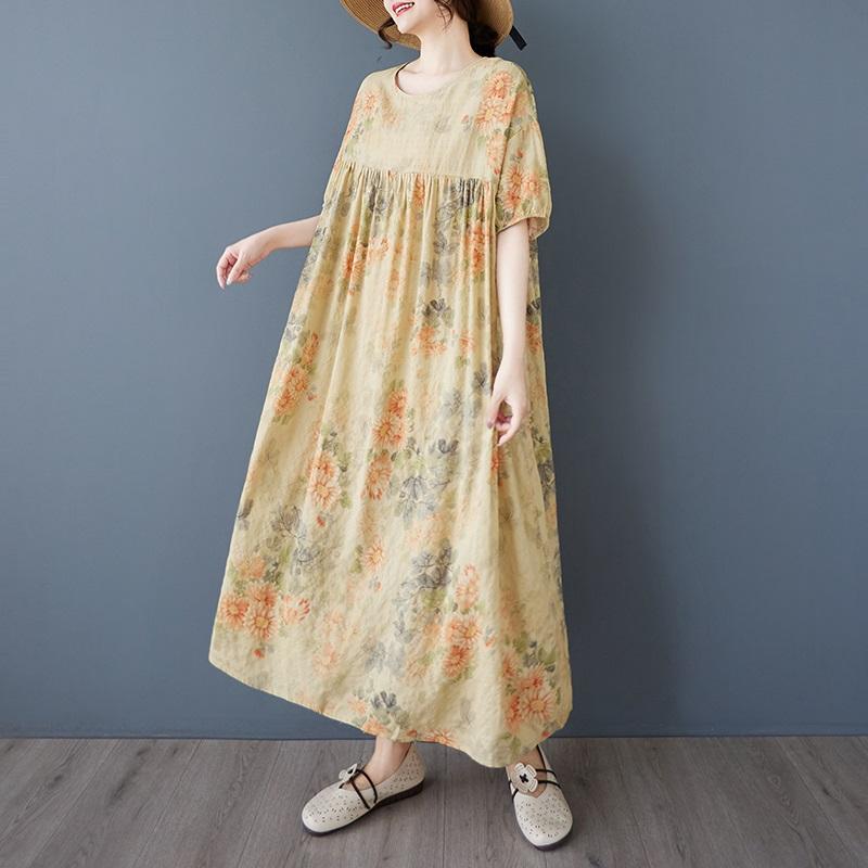 Kortermet Plus size bomull vintage floral nytt i kjoler for kvinner uformell løs lang sommerkjole