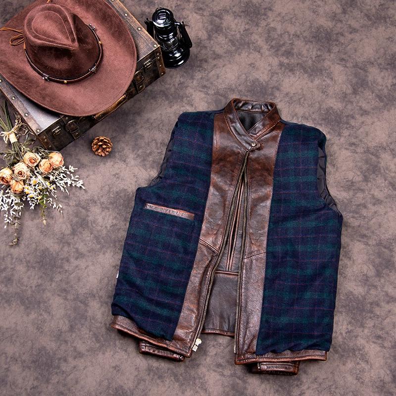 Chinese Size Vintage Men Genuine Leather Jacket Tea Core Cowhide Thickness 1.6mm Tanned Oil Waxed Real Leather Jacket Heavy Thick