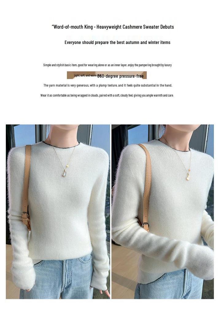 Women's Slimming Pure Wool Lace Half-High Collar Sweater - Ready-to-Wear Knit Pullover Base Layer