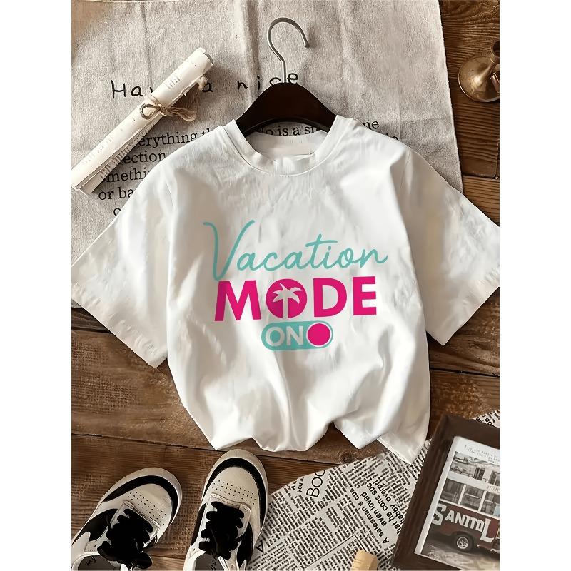 Women S Holiday Mode on Pattern T-shirt-White Short-Sleeved Casual Top, Colorful Letters and Tropical Palm Tree Design, S белый