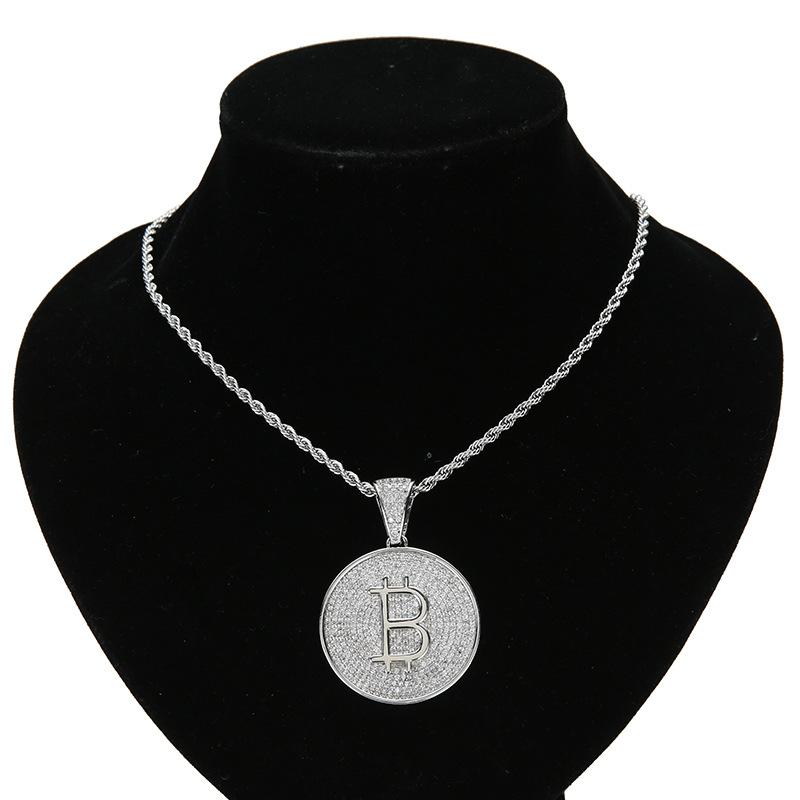 Bitcoin Coin Pendant with Copper Inlaid Zircon, Hip-hop Trend, Men's Personalized Necklace Accessories