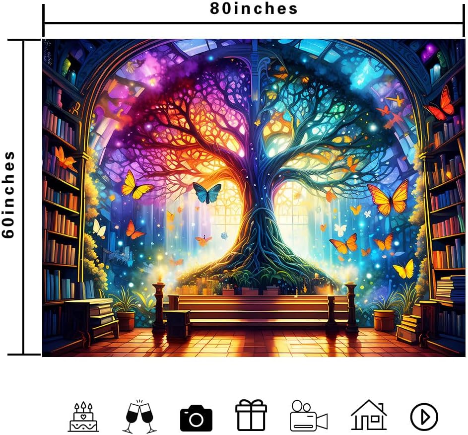Fantasy Library Tapestry Mysterious Tree Magic Bookshelf Tapestries Classroom Flannel Witchy Fairytale Tree Butterfly Vintage