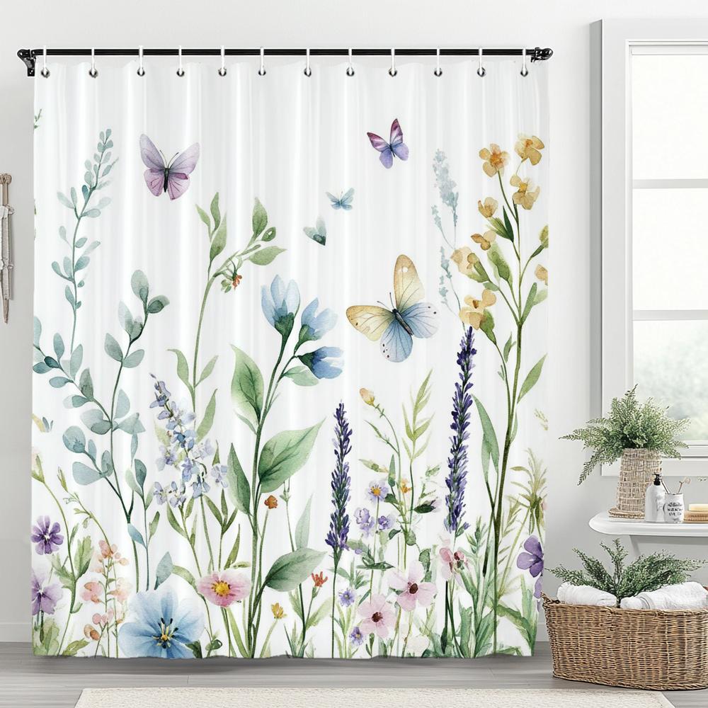 1pc Plant Purple Floral Shower Curtain, Bathroom Decorative Shower Curtain, Printed Polyester Fabric Shower Curtain with Hooks