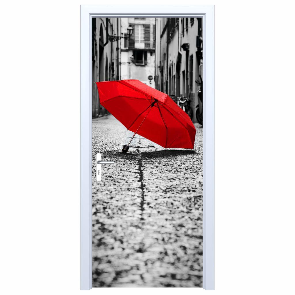 Red Umbrella On the Street Door Sticker 477PD