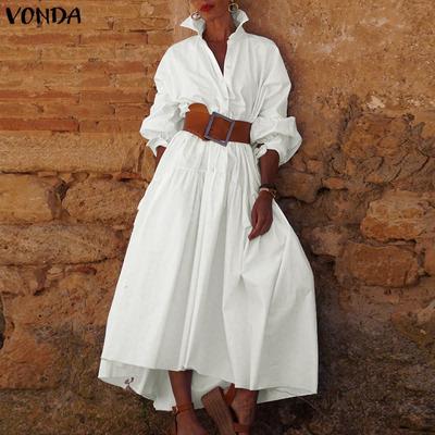 Women Casual Turn-down Collar Long Sleeve Solid Loose Long Pleated Dress