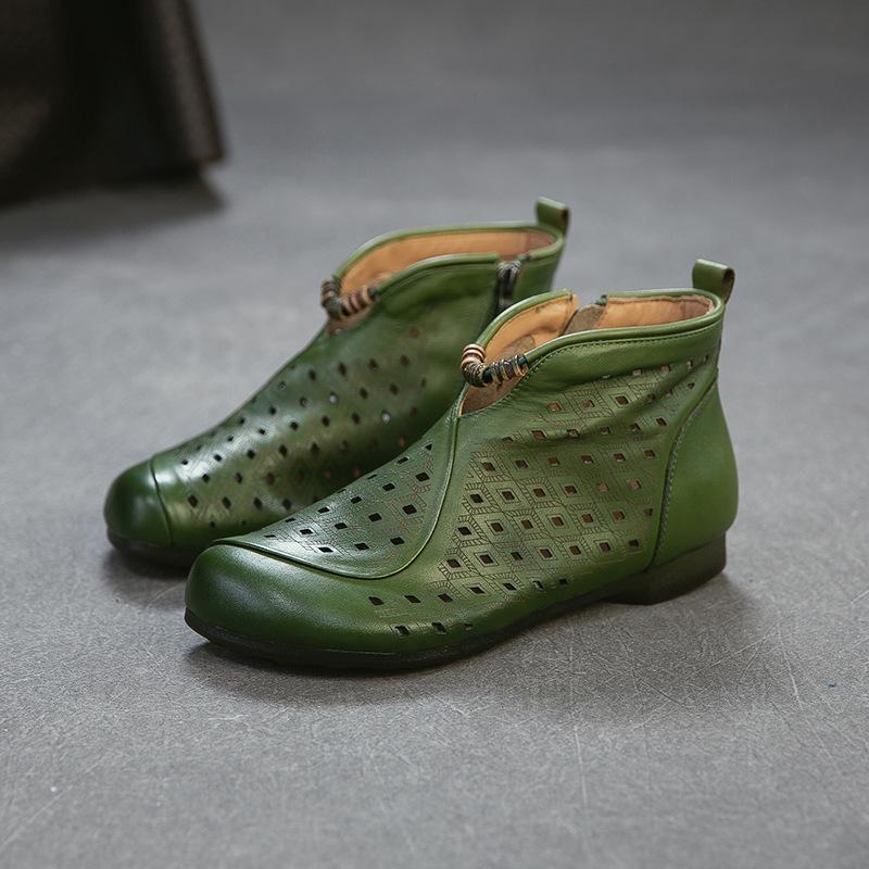 Johnature Retro Summer Short Boots Flat Side Zipper Genuine Leather Hollow-out Breathable Women's Shoes