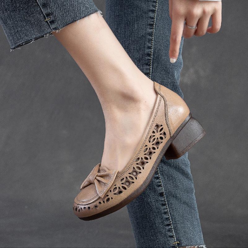 Johnature Sandale retro din piele naturală cu toc gros, cu vârf rotund, cu scobire, pantofi confortabili