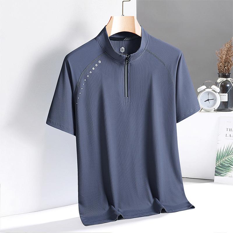 Tricou cu uscare rapidă pentru bărbați, sporturi în aer liber, fitness, cu mâneci scurte, gât rotund, cu jumătate de fermoar, guler ridicat, tricou din mătase de gheață