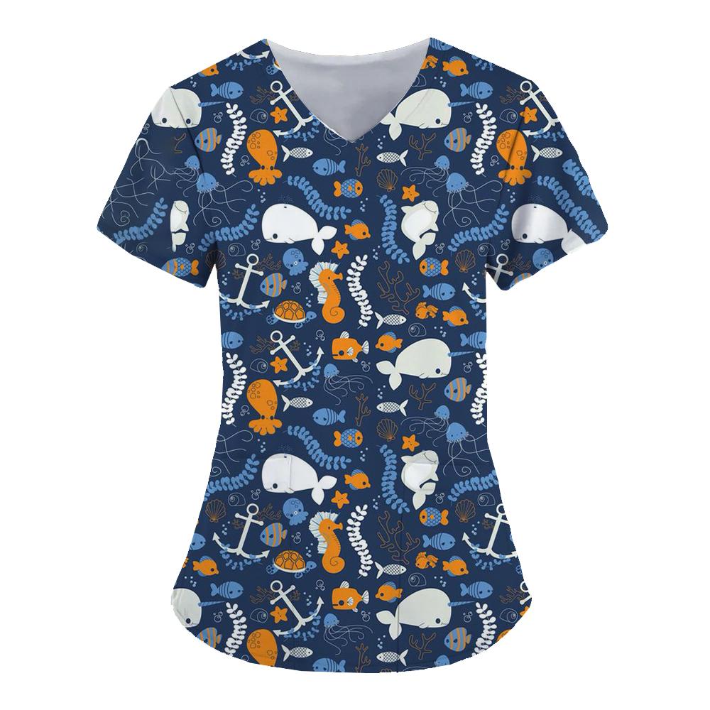 Marine life patterns Healthcare Uniform Nurse Clinic Nursing Workwear Hospital T-shirt Fashion Short Sleeve Blouse Women Medical