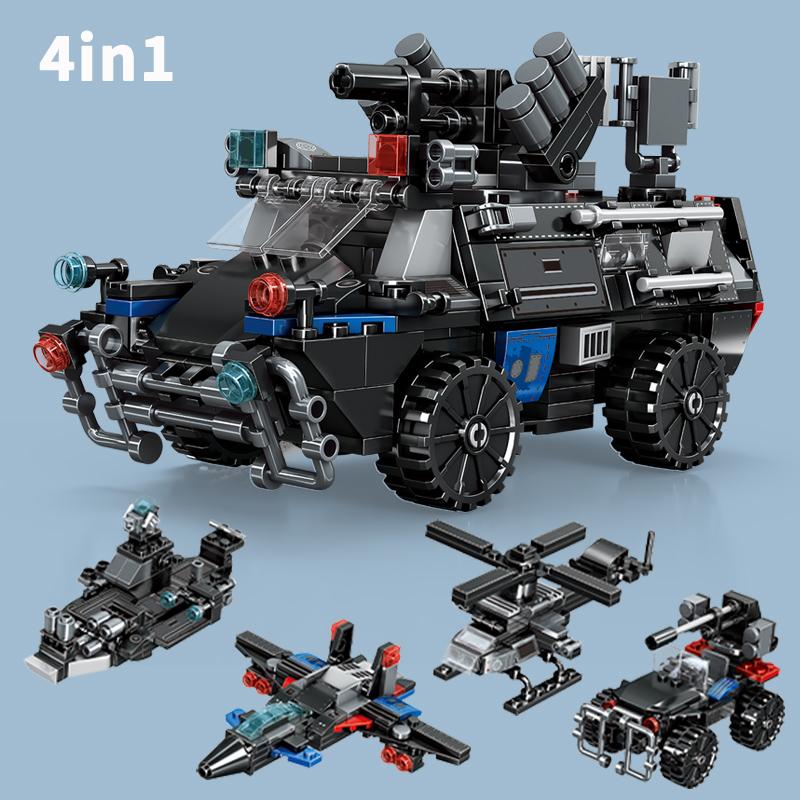 4 In 1 SWAT Police Armored Truck Building Blocks Helicopter Speedboat Vehicle Car Toy Bricks Educational Toy Christmas Gift