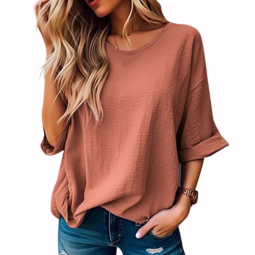 2024 Women's Summer Round Neck Five-Sleeve Cotton Linen Casual T-shirt