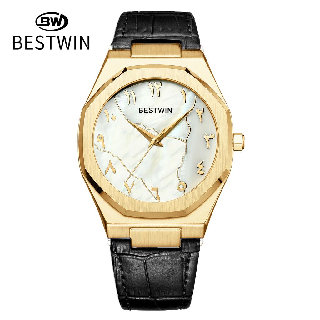 Fashon Bestwin Top Brand Men's Quartz Arabic numerals Leather Suitable For Daily Wear Festival Simple Business Waterproof Watch