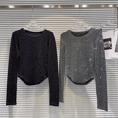 Plus Size Rhinestone Curved Hem T-Shirt for Autumn