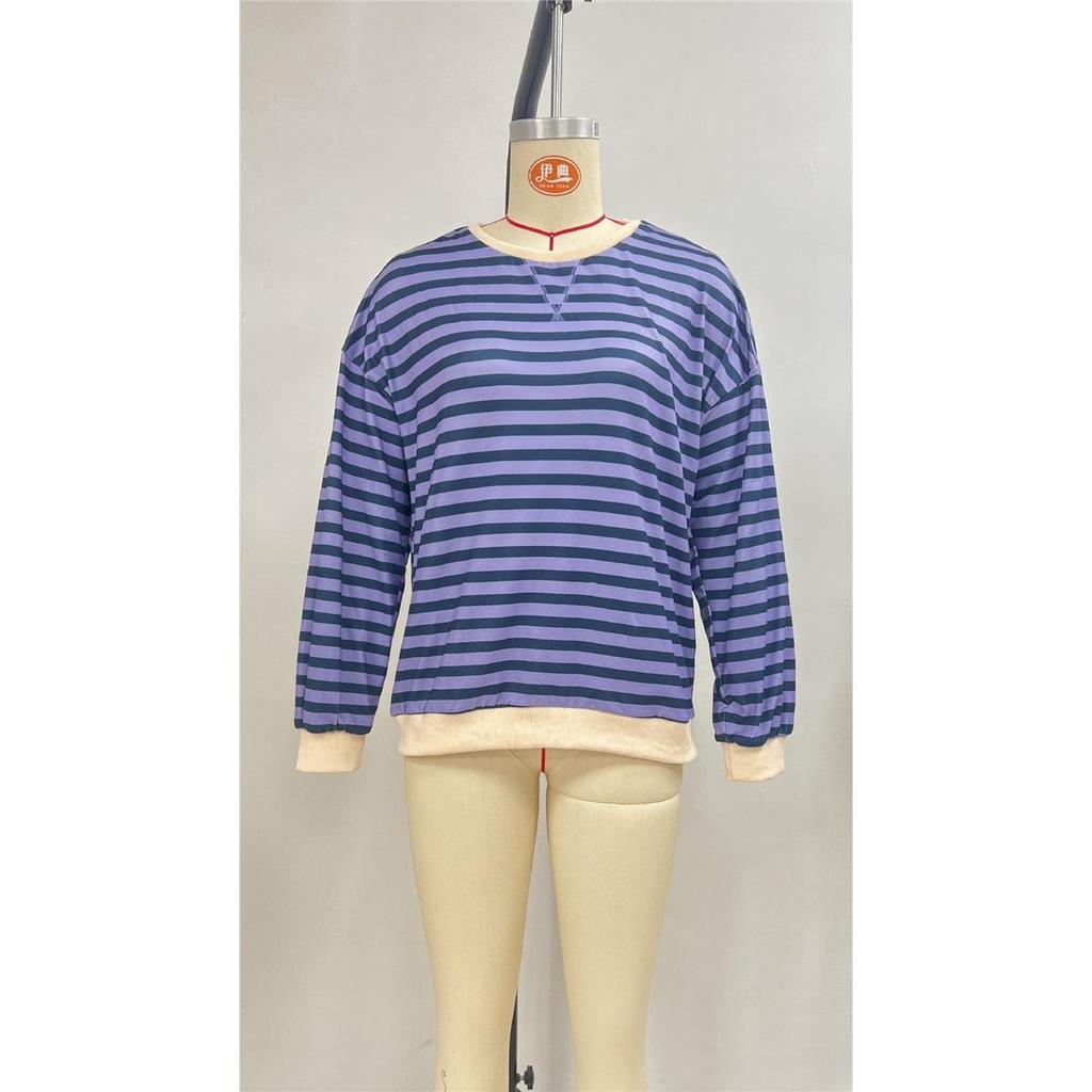 Women's Simple Home Casual Striped Pattern Round Neck Trendy Long-sleeved Pullover Color Block T-shirt