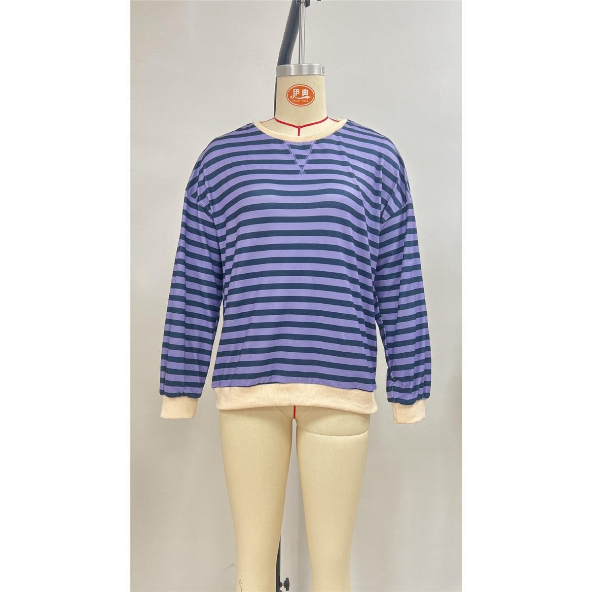 

Women s Long-sleeved Round Neck Loose Casual Striped T-shirt XXL море синього кольору