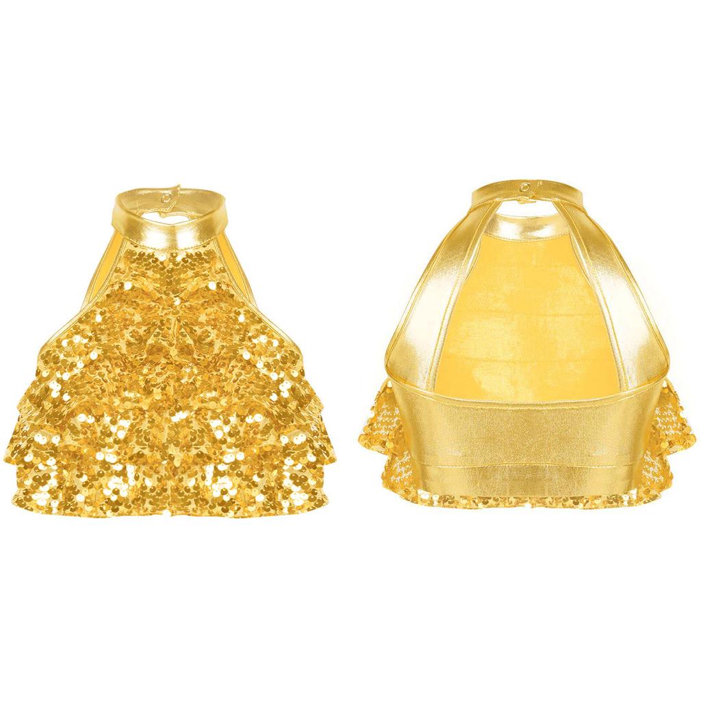 Kids Girls Shiny Sequins Tiered Sleeveless Tank Top Modern Dance Costumes Gymnastic Dancewear