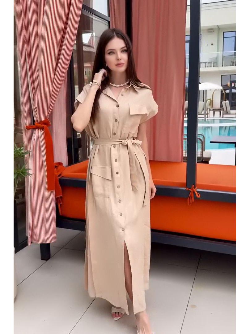 

2025 Summer Women s Slimming Tie Waist Dress with Multi-button Design Small бежевый