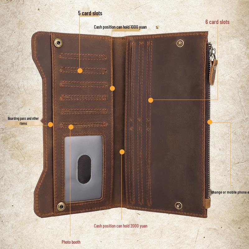 Men's Vintage Crazy Horse Leather Wallet - Long, Multi-Card Slot, Large Capacity, Multi-Function Clutch