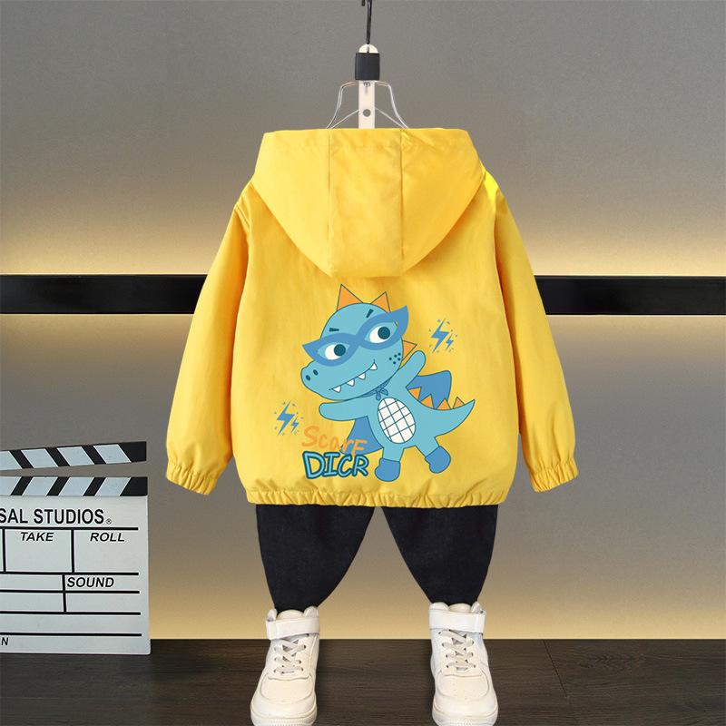 Spring and Autumn 1 2 3 4 5 6 Years Boys Coats Patchwork Cartoon Dinosaur Pattern Hooded Windbreaker Leisure Overcoat for Kids Birthday Present