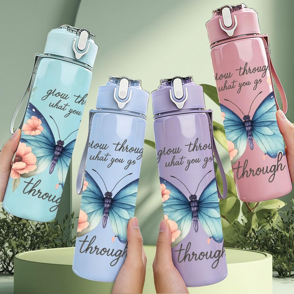 1PC Butterfly Gratitude Quote 750ml Color Plastic Sports Water Bottle Leakproof Flip Straw Lid Suitable for Sports Office Home Use
