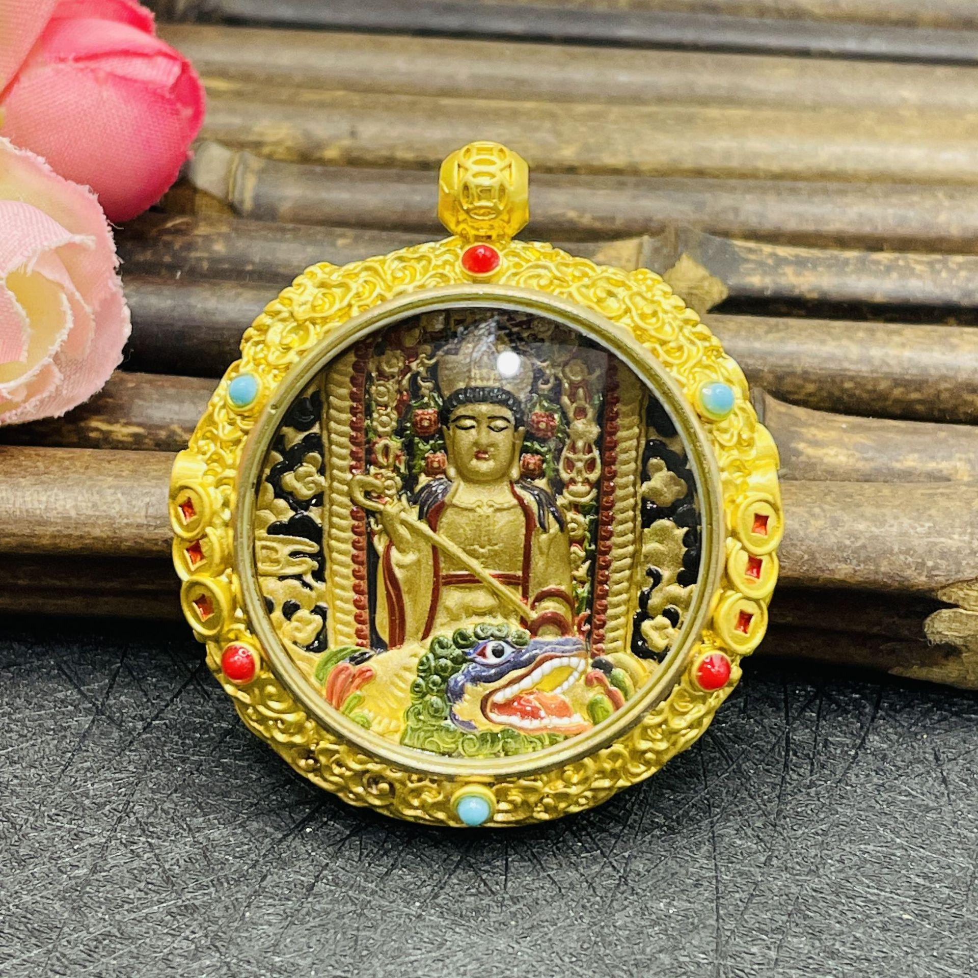 

Round Gilt 3D Wutai Mountain Dragon Manjushri Pendant Thangka Amulet Gau Box Guardian.