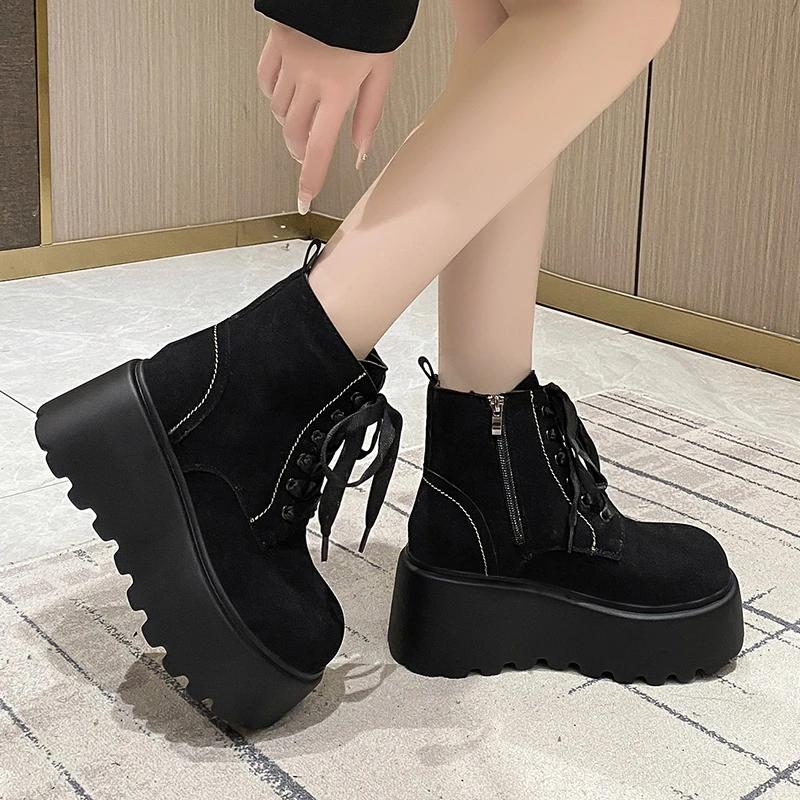 Fashion 8CM Women Flock Ankle Boots Winter Warm Fur Chunky Sneakers Lace Up Non-Slip Punk Shoes Breathable High Platform Motorcycle Boot