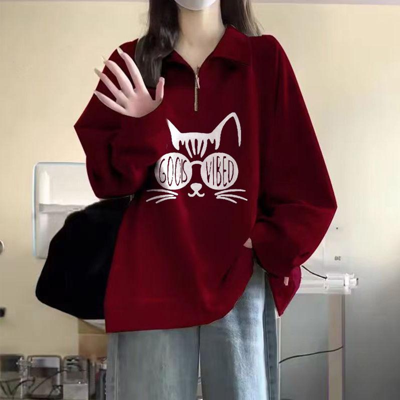 

Весна Осень Женские 2024 Новые Сплайс Воротник поло Молния Принт Буква Мода Однотонный Свободный Повседневный Толстовки с длинным рукавом M красный