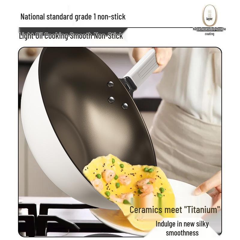 Titanium Ceramic Flat-Bottomed Non-Stick Stir-Fry Pan, Milk White, Wear-Resistant and Scratch-Resistant for Kitchen Use