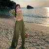 Yunnan Sanya Tourism Bohemian Wind Green Plaid High Waist Wide Leg Pants Seaside Vacation Tassel Suspender Set