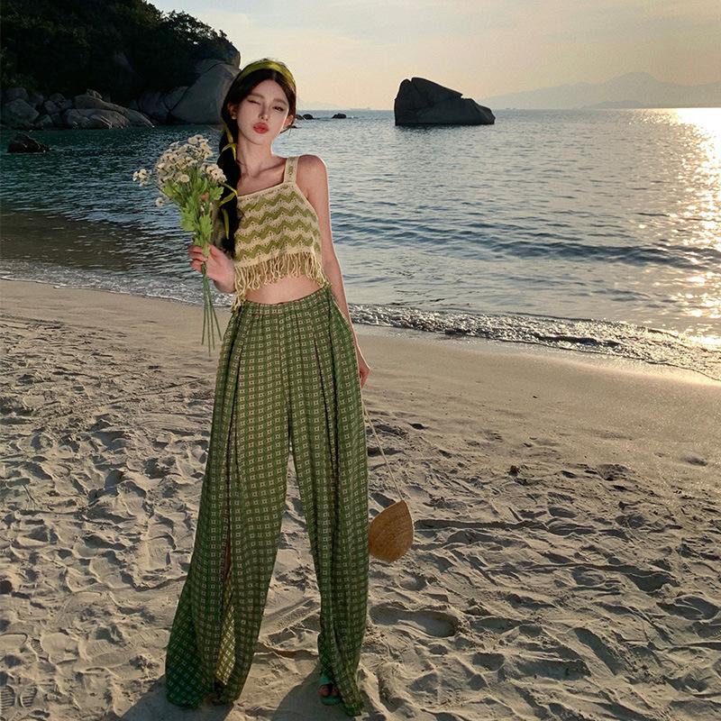 Yunnan Sanya Tourism Bohemian Wind Green Plaid High Waist Wide Leg Pants Seaside Vacation Tassel Suspender Set