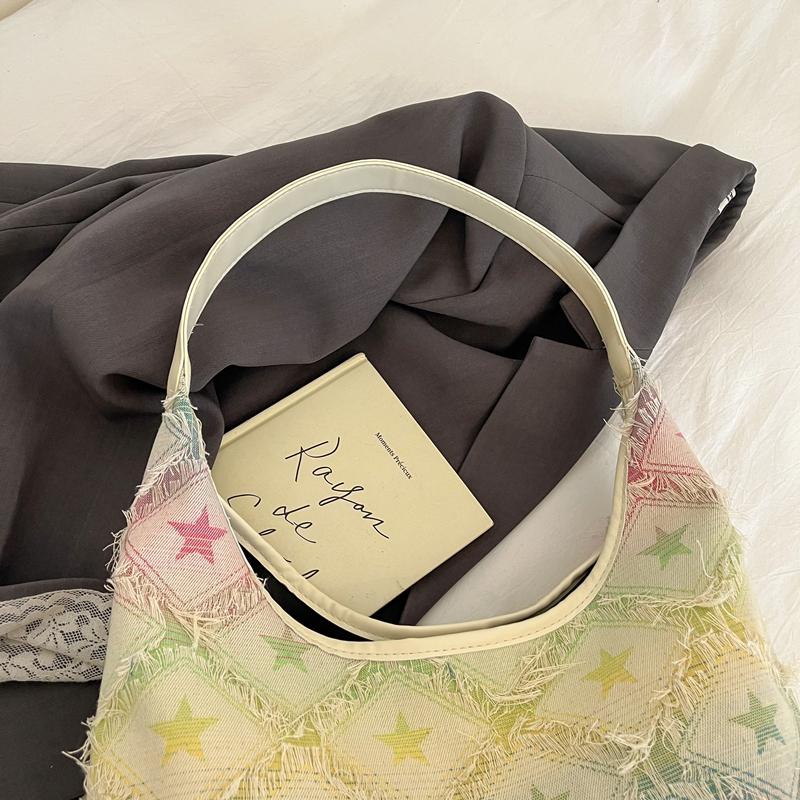 Star Print Frayed Denim Tote Bag Large Capacity Casual Shoulder Handbag for Women