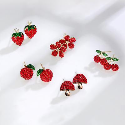Temperament Roter Zirkon Erdbeer-Ohrringe für Damen Glänzende Strass-Kirschblüten-Ohrringe Zarter Schmuck für Party und Hochzeit