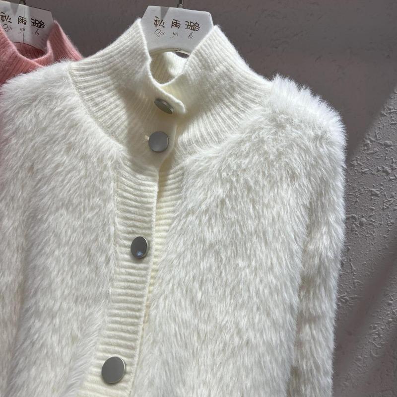 2025 Women Fur Faux Knitted Cardigan Sweater Jacket Korean Style Womens Sweaters Autumn Female Clothes Vinatge Knitwear V Neck Outfits