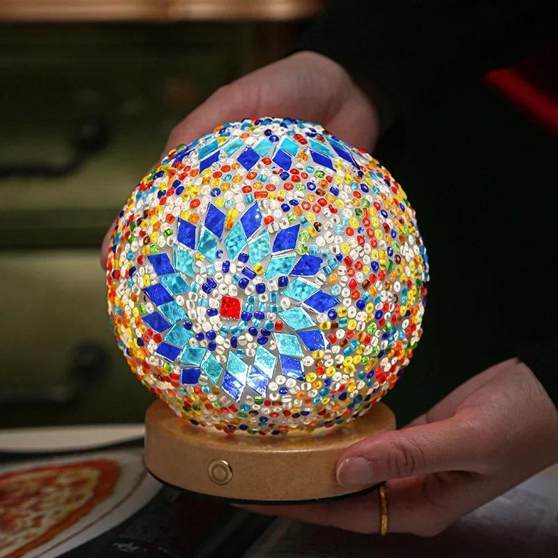 Creative LED Desk Lamp USB Button Warm Dimming Stained Glass Bohemian National Style for Home Bar Bedroom Decor LED Table Lamp
