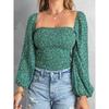 Slim Looking Square Collar Fashion Print Pullover Long Sleeves T-shirt