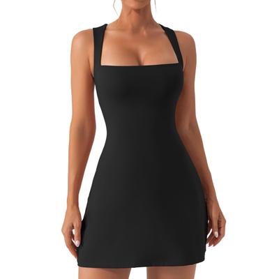 Damen-Minikleid, quadratischer Ausschnitt, ärmellos, rückenfrei, hohe Elastizität, einfarbig, über dem Knie, Länge, hohe Taille, dünnes, figurbetontes Kleid
