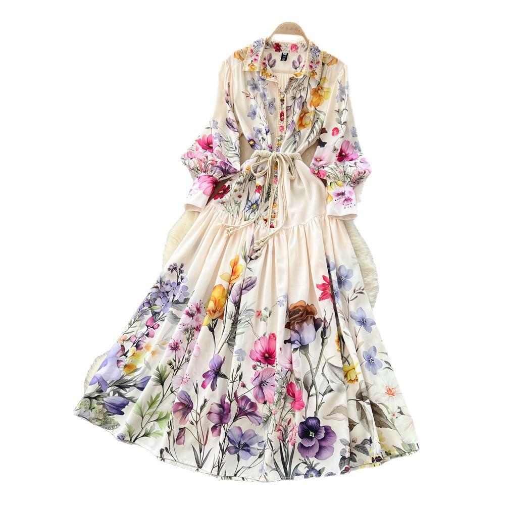 French retro elegant fashion printed dress women's autumn dress court style strap waist single-breasted pendulum dress