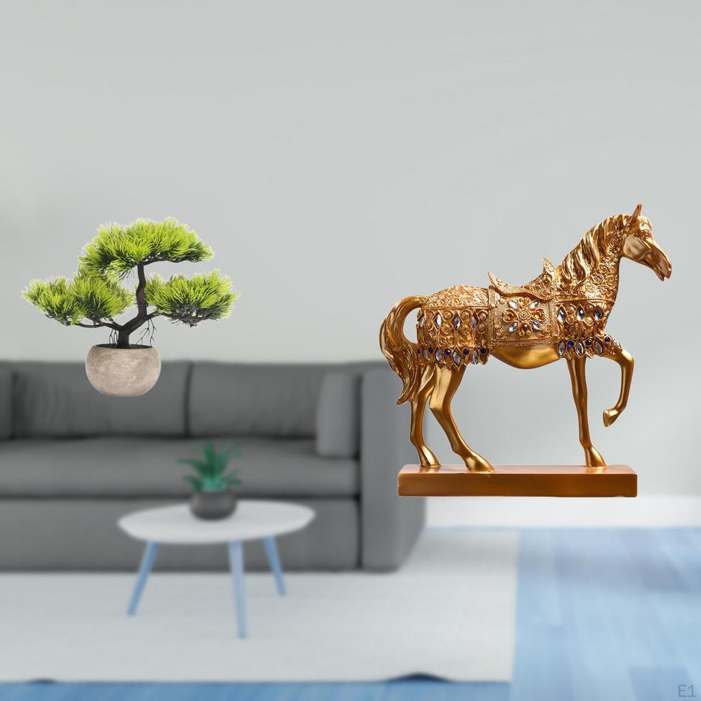 Artificial Bonsai Tree Greenery Collection with Horse Figurine Sculpture Faux Plant Centerpiece