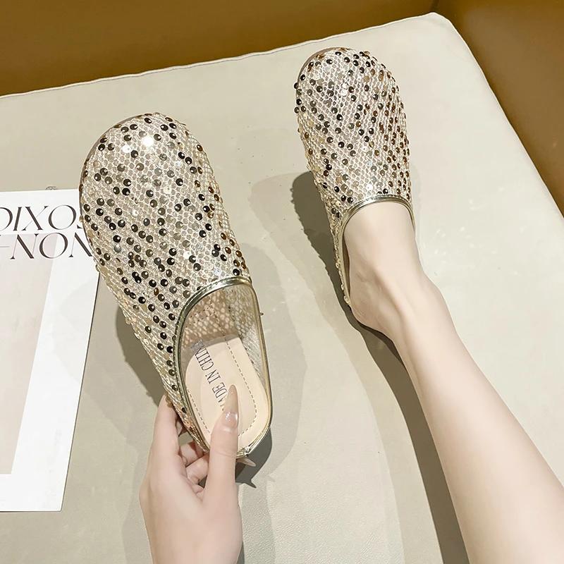 Fashion 2025Spring Fashion Baotou Slippers for  Round Head Sequin Cloth Mesh Breathable Soft Sole Anti-slip Wear-resistant Flat Shoes