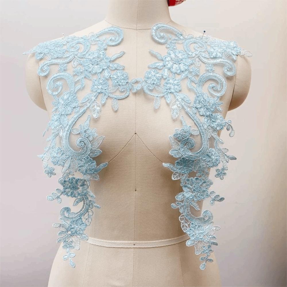2Pcs/Set Polyester Sequin Embroidery Applique Sequined Embroidery Fabric Flower Baroque Lace Fabric Lace Tulle синий