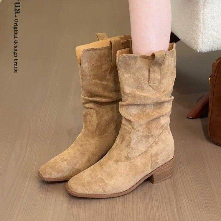 Soft Leather Version~ Western Cowboy Boots Straight Pleated Piled Boots Women's Thick Heel Thin Retro Suede Inner Short Boots