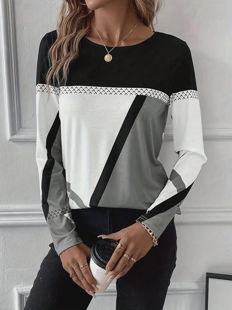 TEMU 2024 Spring/Summer Women's Geometric Print Long-Sleeve Casual Top