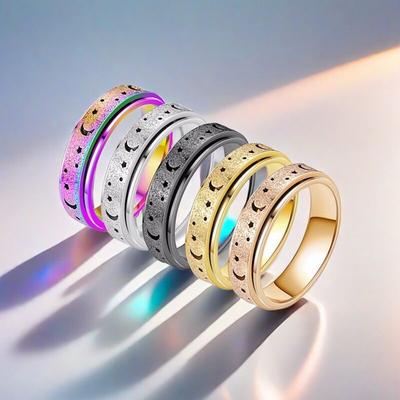 Christmas Gifts 6MM Retro Rainbow Stainless Steel Moon And Star Metal Spinner Fidget For Women Anxiety Spinning Ring Jewelry