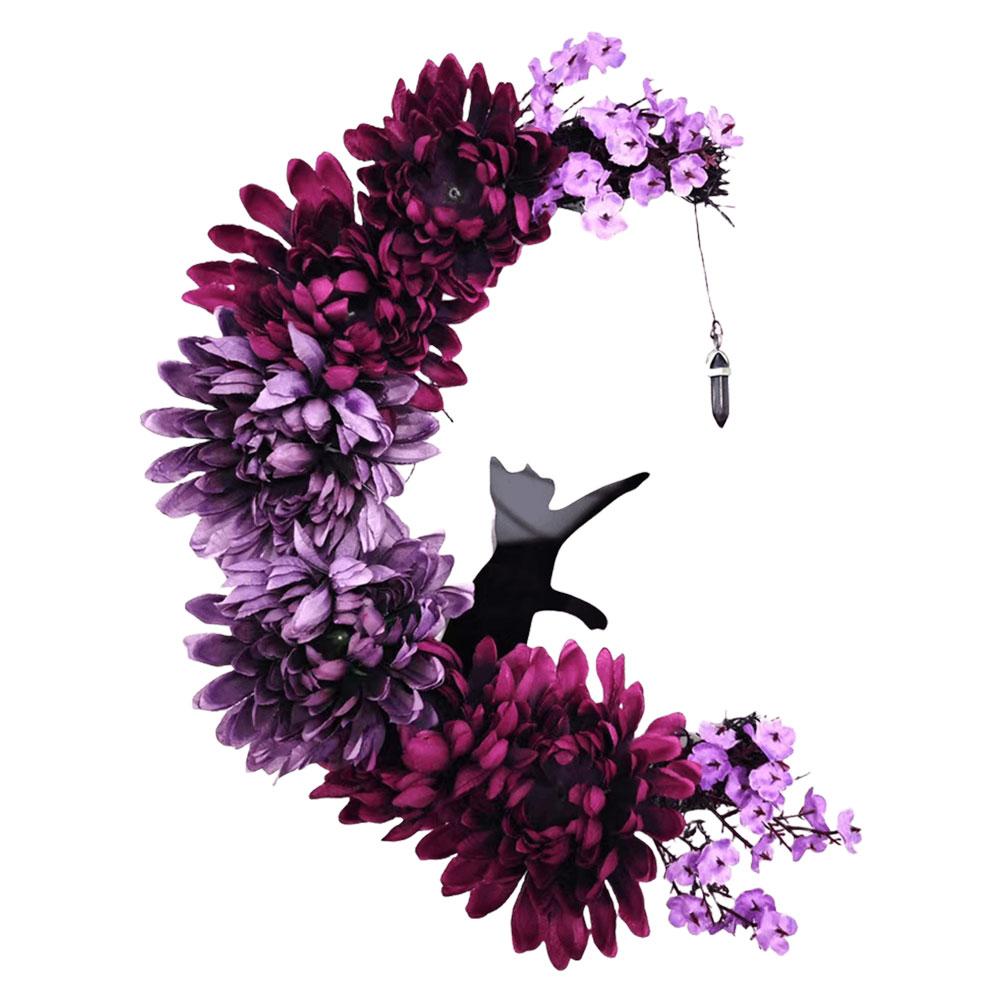 Handmade Artificial Moon Cat Garland Halloween Door Wreath Decoration Halloween Moon Wreath with Black Cat Halloween Decoration